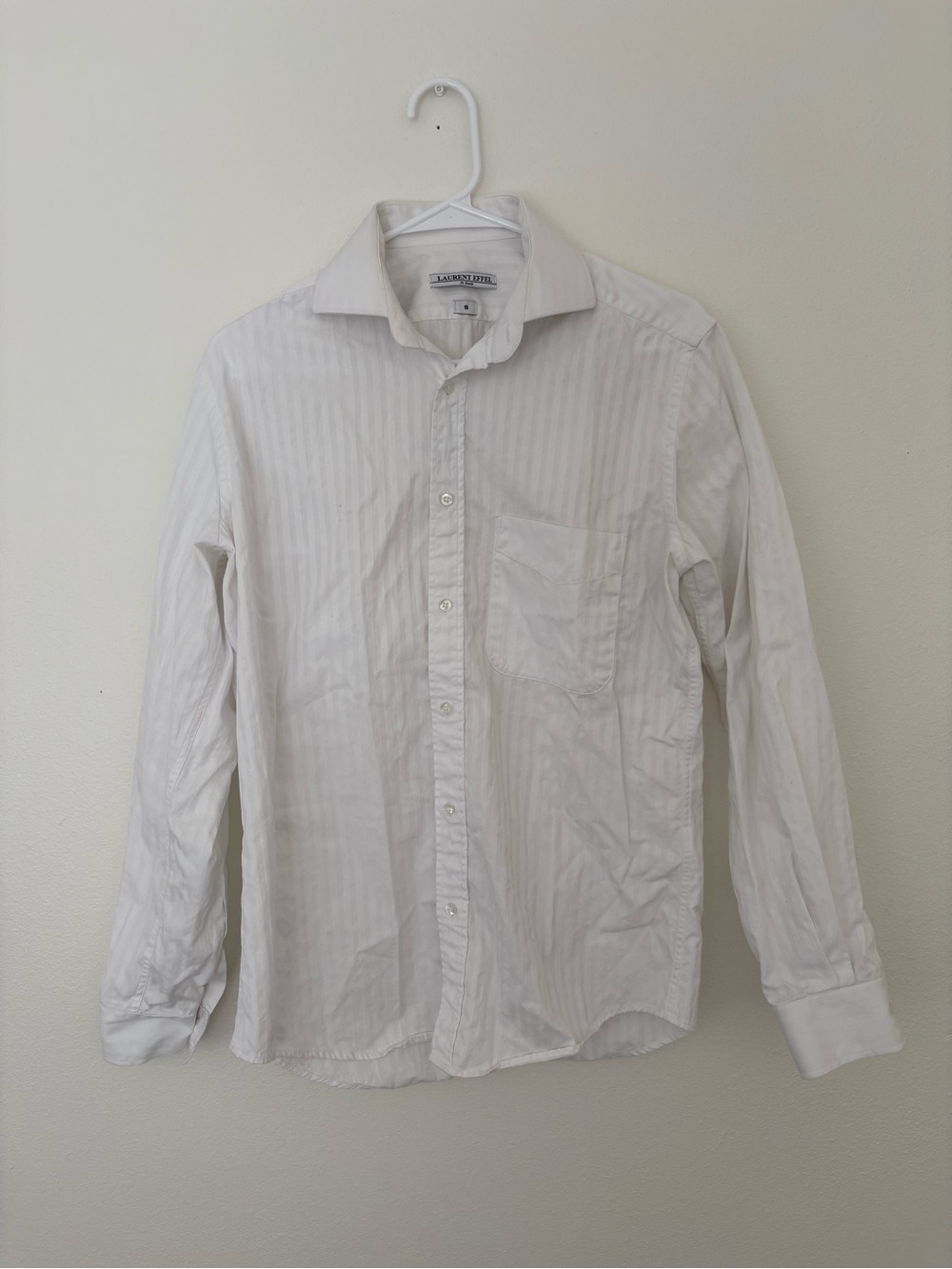 Laurent Effel 100% Cotton White Stripe Long-Sleeve Dress Shirt Men’s SMALL